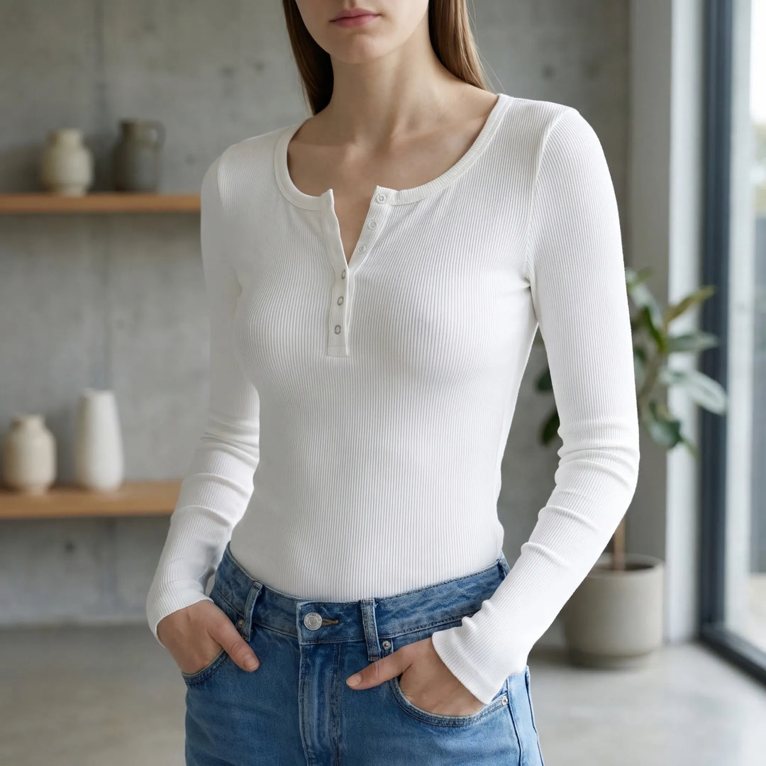 Riblyne - Ribbed Long Sleeve Henley Top