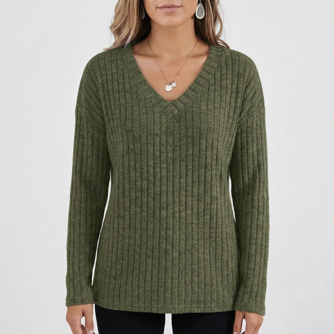 Ribvera - V-Neck Ribbed Long Sleeve Top