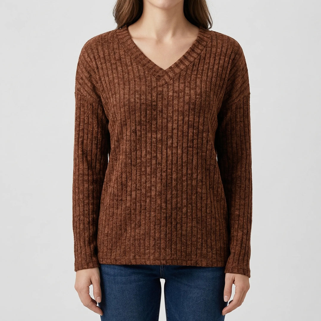Ribvera - V-Neck Ribbed Long Sleeve Top