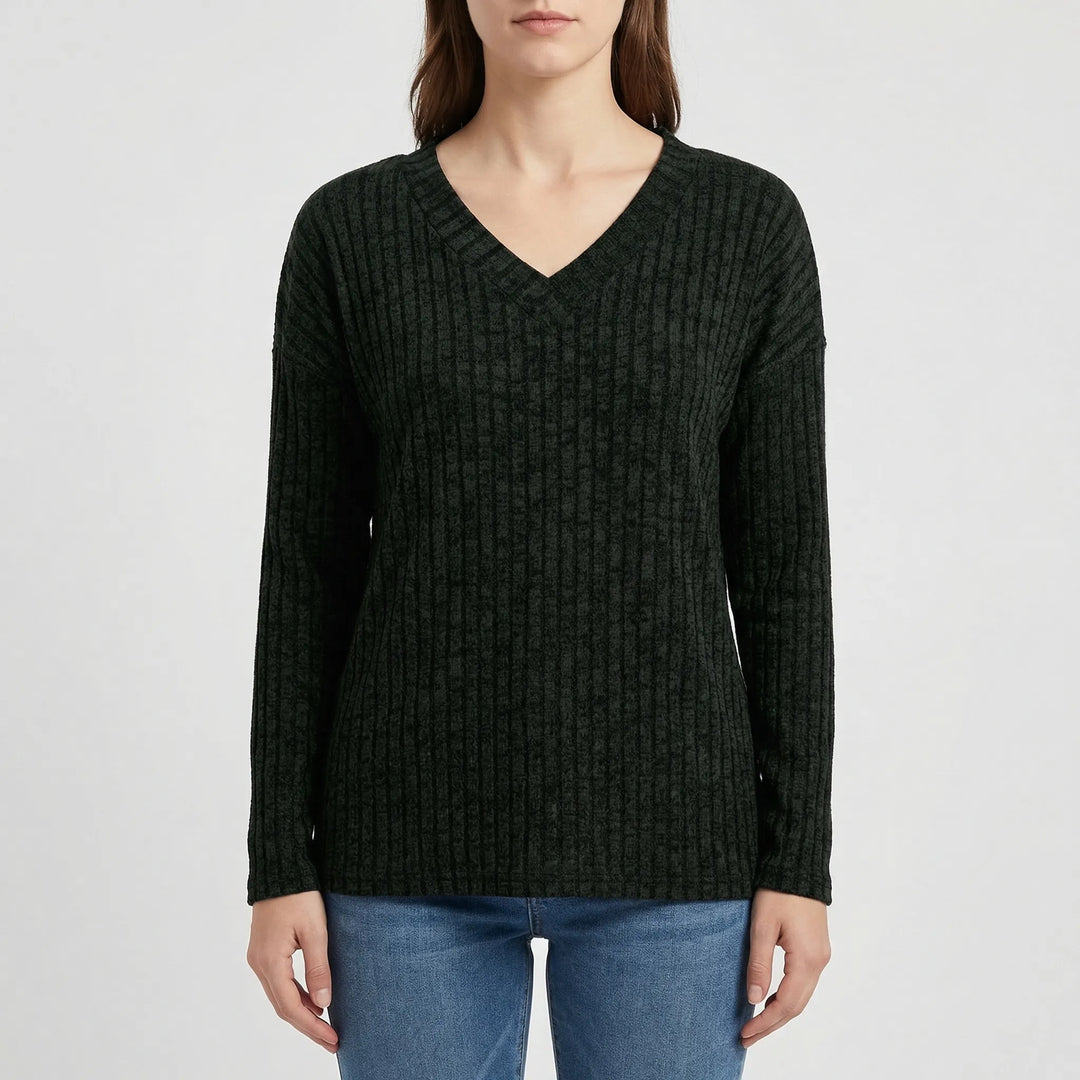 Ribvera - V-Neck Ribbed Long Sleeve Top