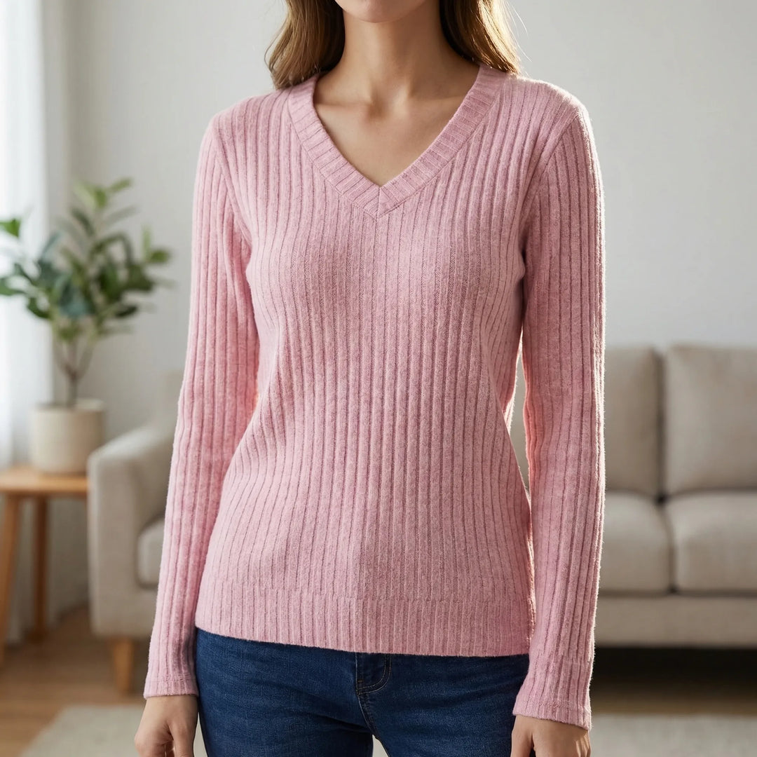 Ribvera - V-Neck Ribbed Long Sleeve Top