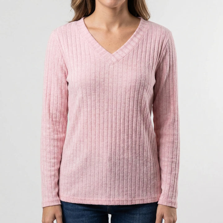Ribvera - V-Neck Ribbed Long Sleeve Top