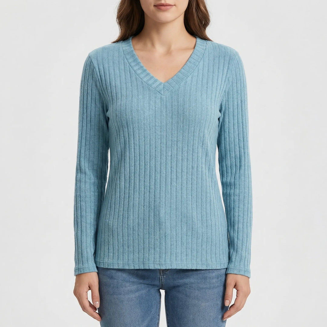Ribvera - V-Neck Ribbed Long Sleeve Top
