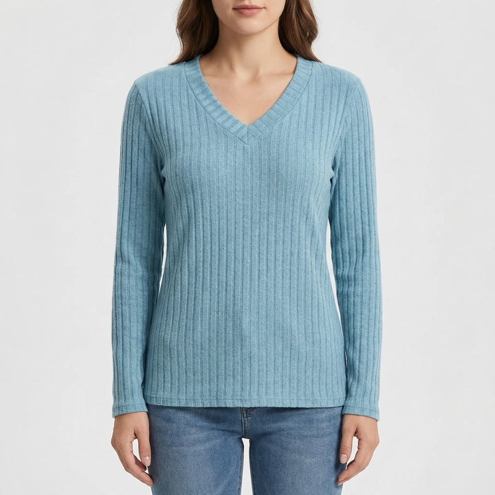 Ribvera - V-Neck Ribbed Long Sleeve Top