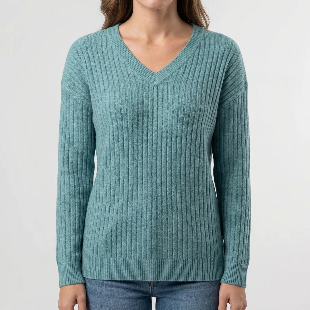Ribvera - V-Neck Ribbed Long Sleeve Top