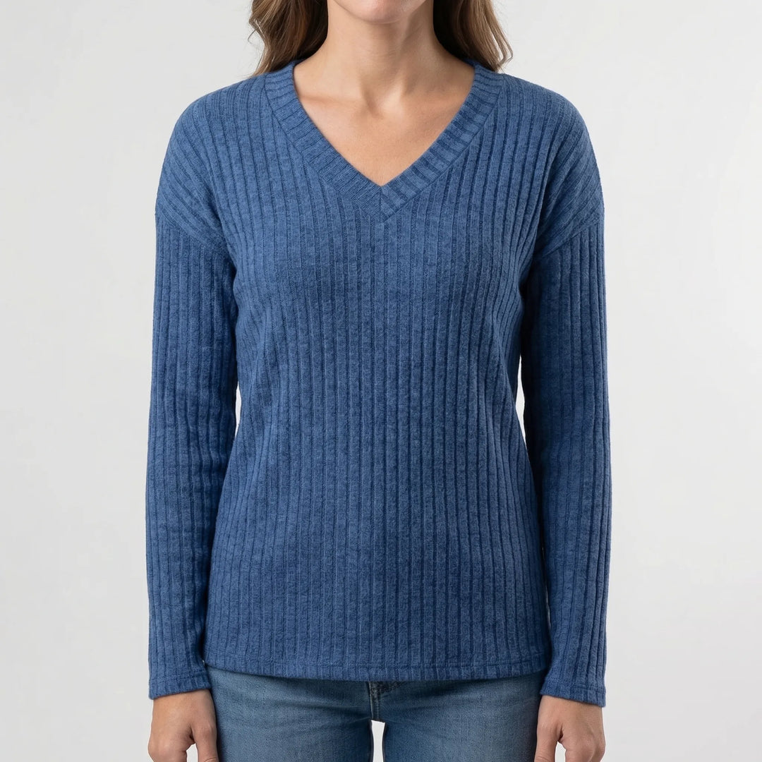 Ribvera - V-Neck Ribbed Long Sleeve Top