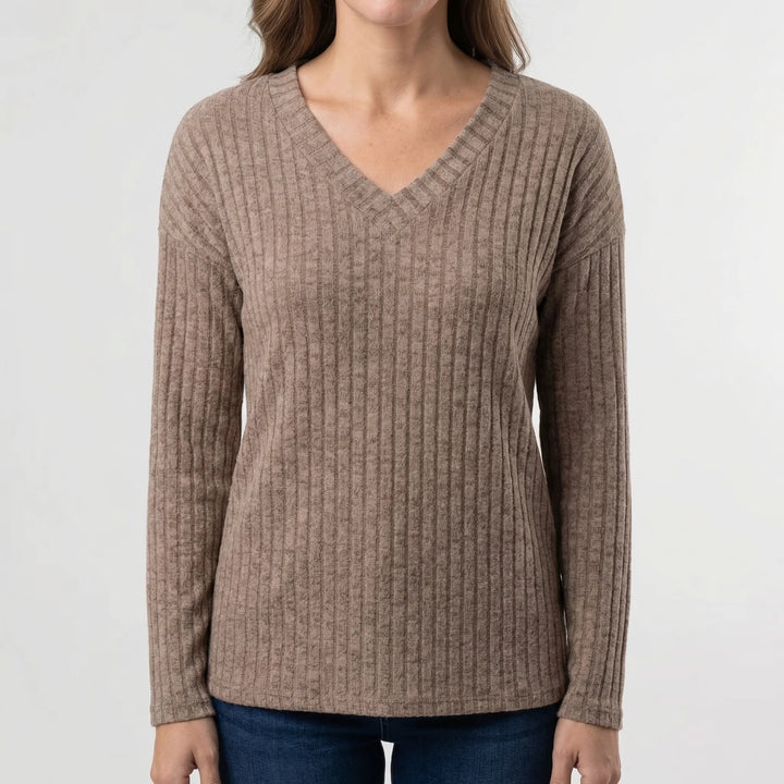 Ribvera - V-Neck Ribbed Long Sleeve Top