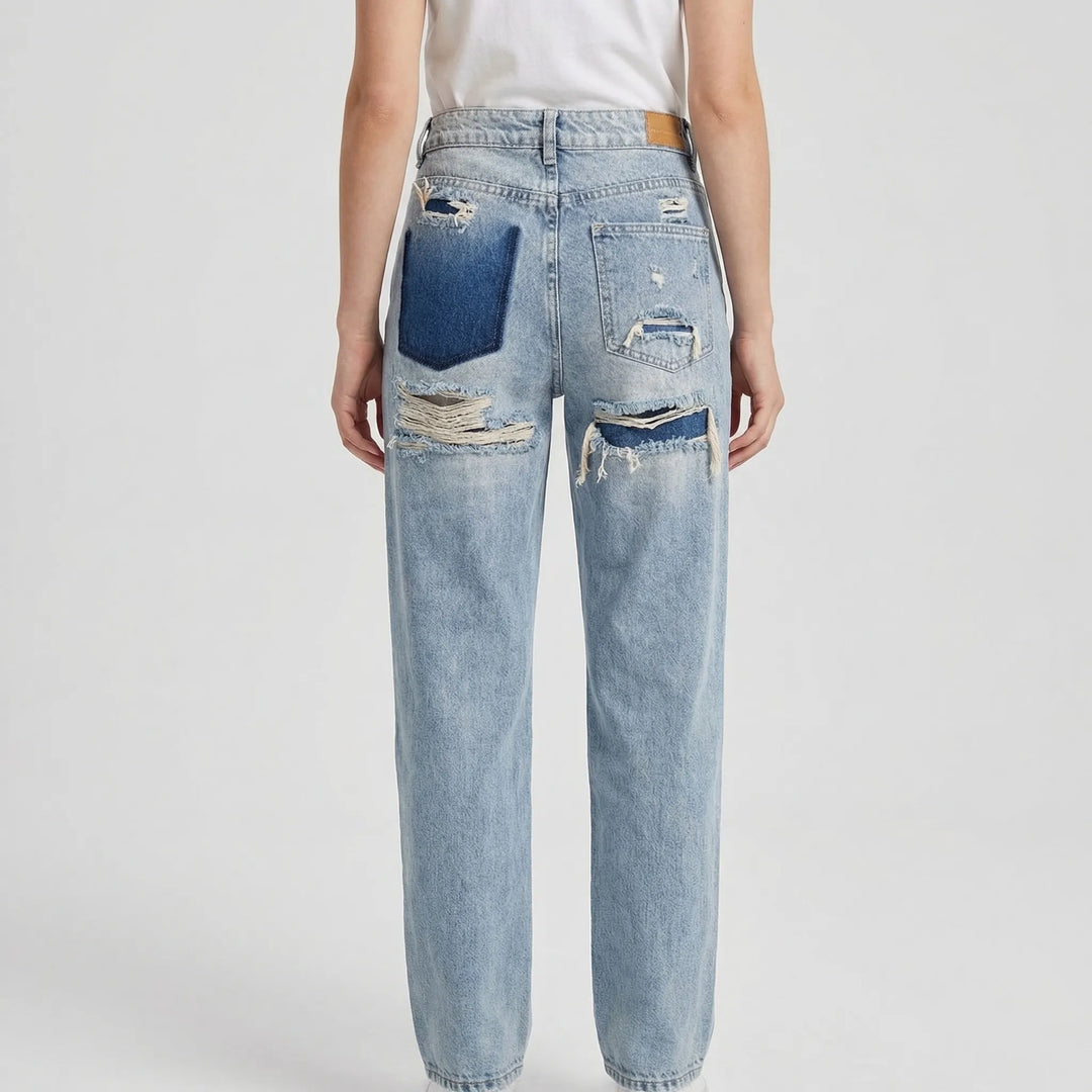 Ripvara - Vintage Wash Wide-Leg Ripped Jeans