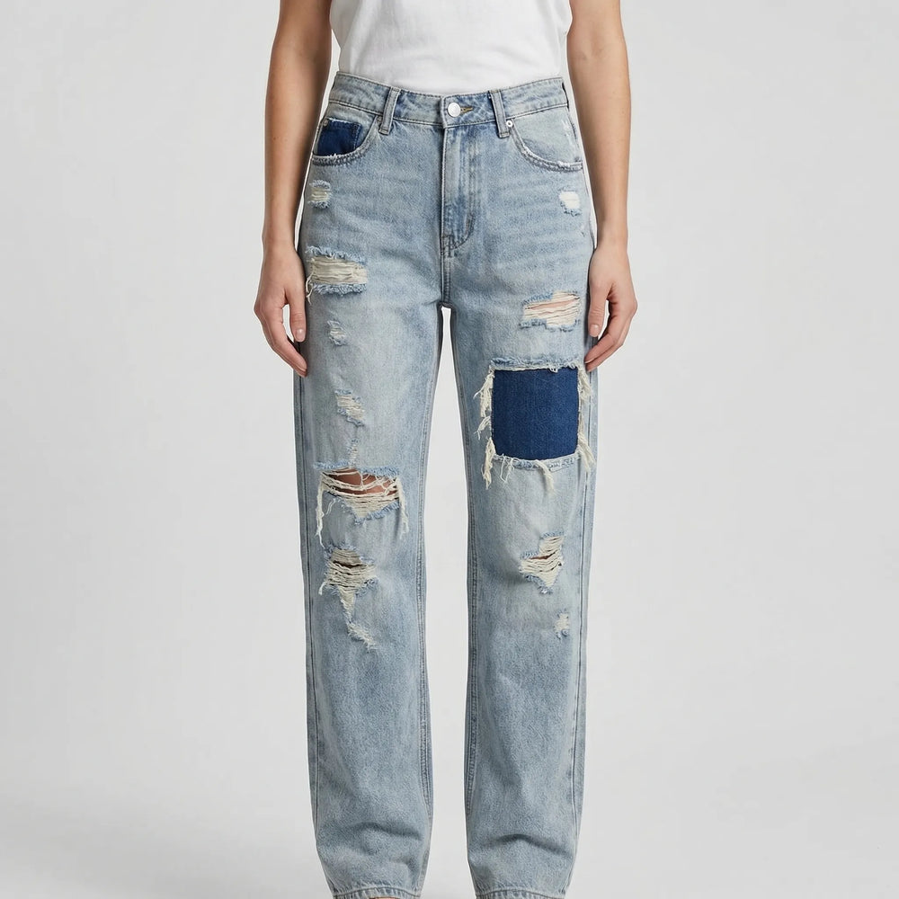 Ripvara - Vintage Wash Wide-Leg Ripped Jeans