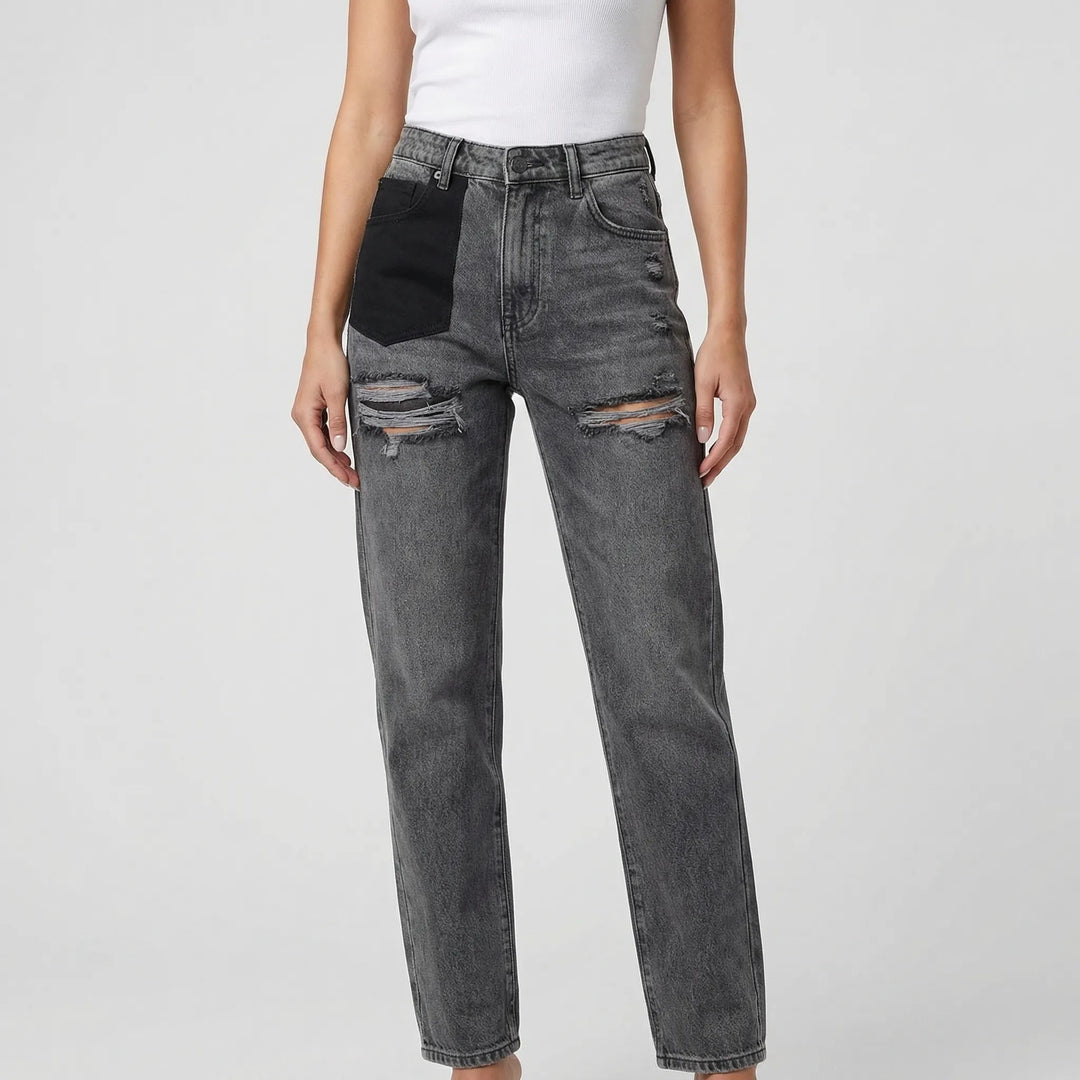 Ripvara - Vintage Wash Wide-Leg Ripped Jeans