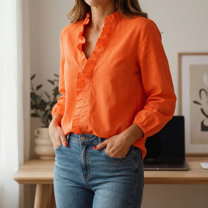 Rufella - Ruffled V-Neck Long Sleeve Blouse
