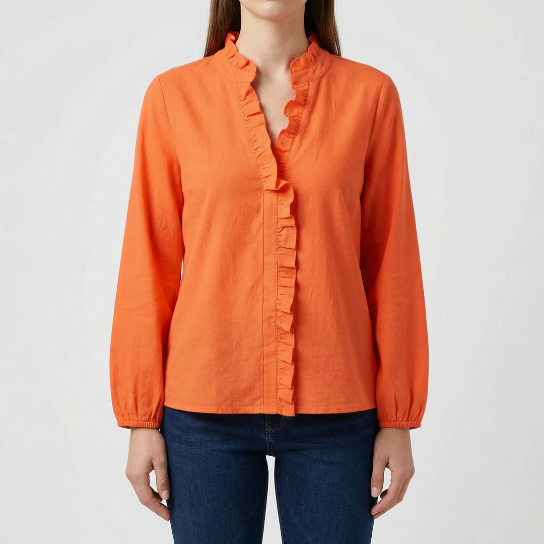 Rufella - Ruffled V-Neck Long Sleeve Blouse