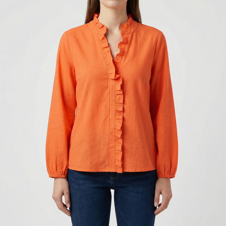 Rufella - Ruffled V-Neck Long Sleeve Blouse
