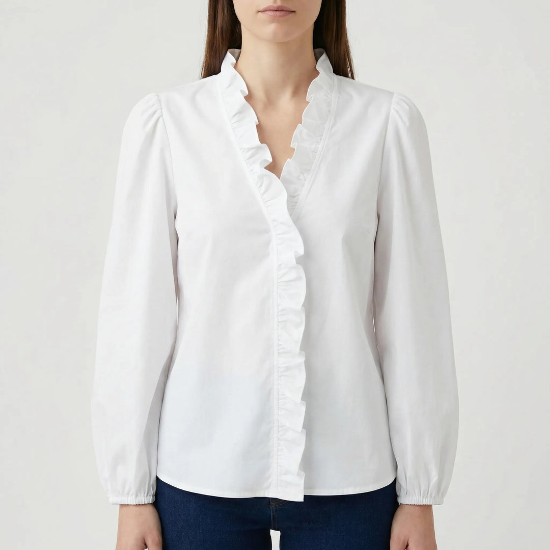 Rufella - Ruffled V-Neck Long Sleeve Blouse
