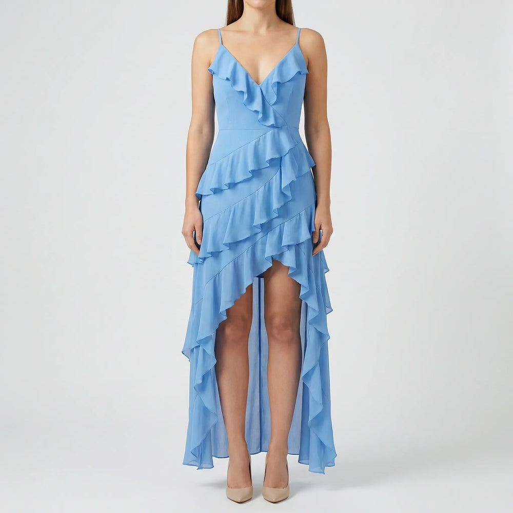Ruffelia - Tiered Ruffle High-Low Spaghetti Strap Dress