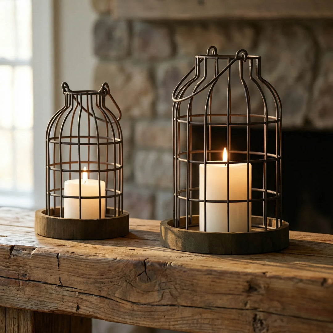 Rusticage - Rustic Wire Cage Candle Lantern Set