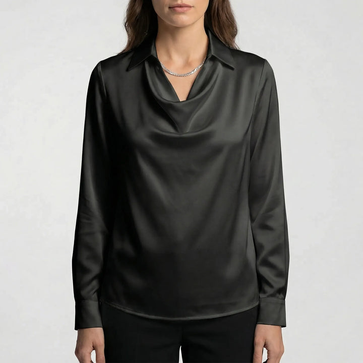 Satinova - Draped Cowl Collar Long Sleeve Blouse