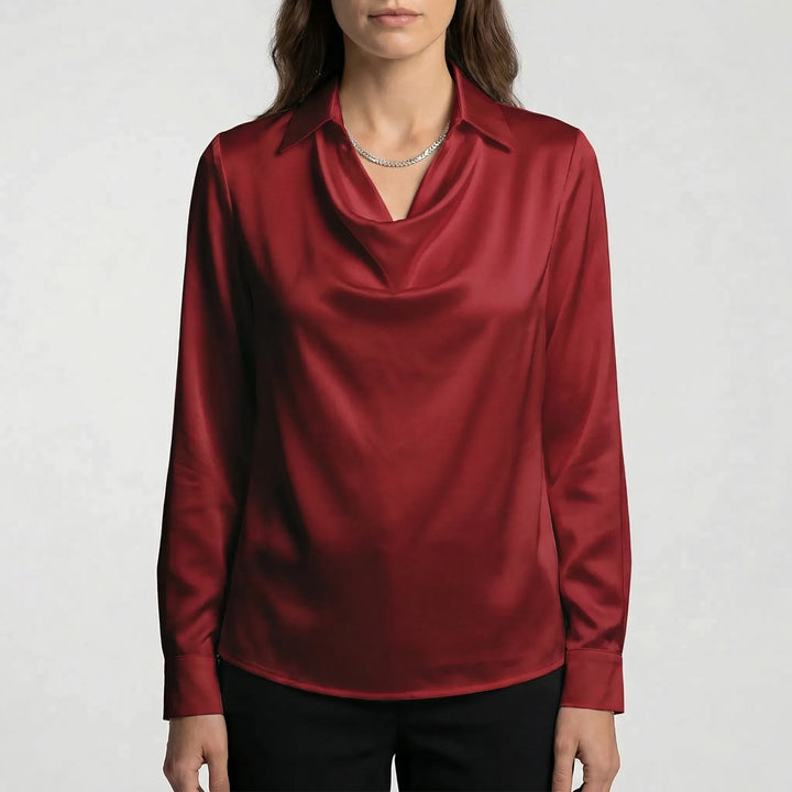 Satinova - Draped Cowl Collar Long Sleeve Blouse