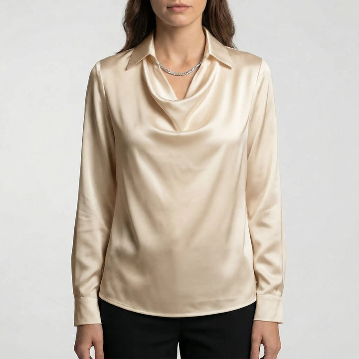 Satinova - Draped Cowl Collar Long Sleeve Blouse