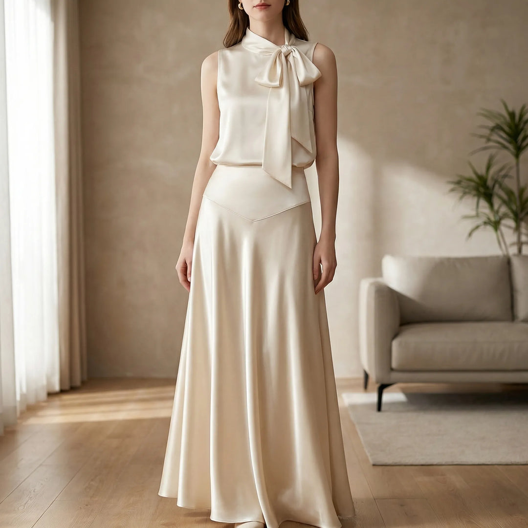 Satinya - Sleeveless Bow-Neck Top And Midi Skirt Set