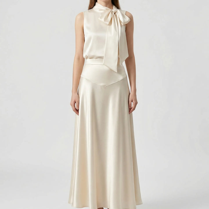 Satinya - Sleeveless Bow-Neck Top And Midi Skirt Set