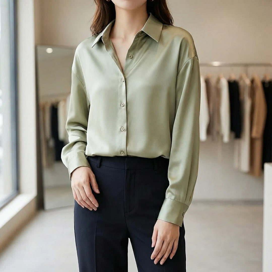Sheenova - Long-Sleeve Button-Front Satin Blouse