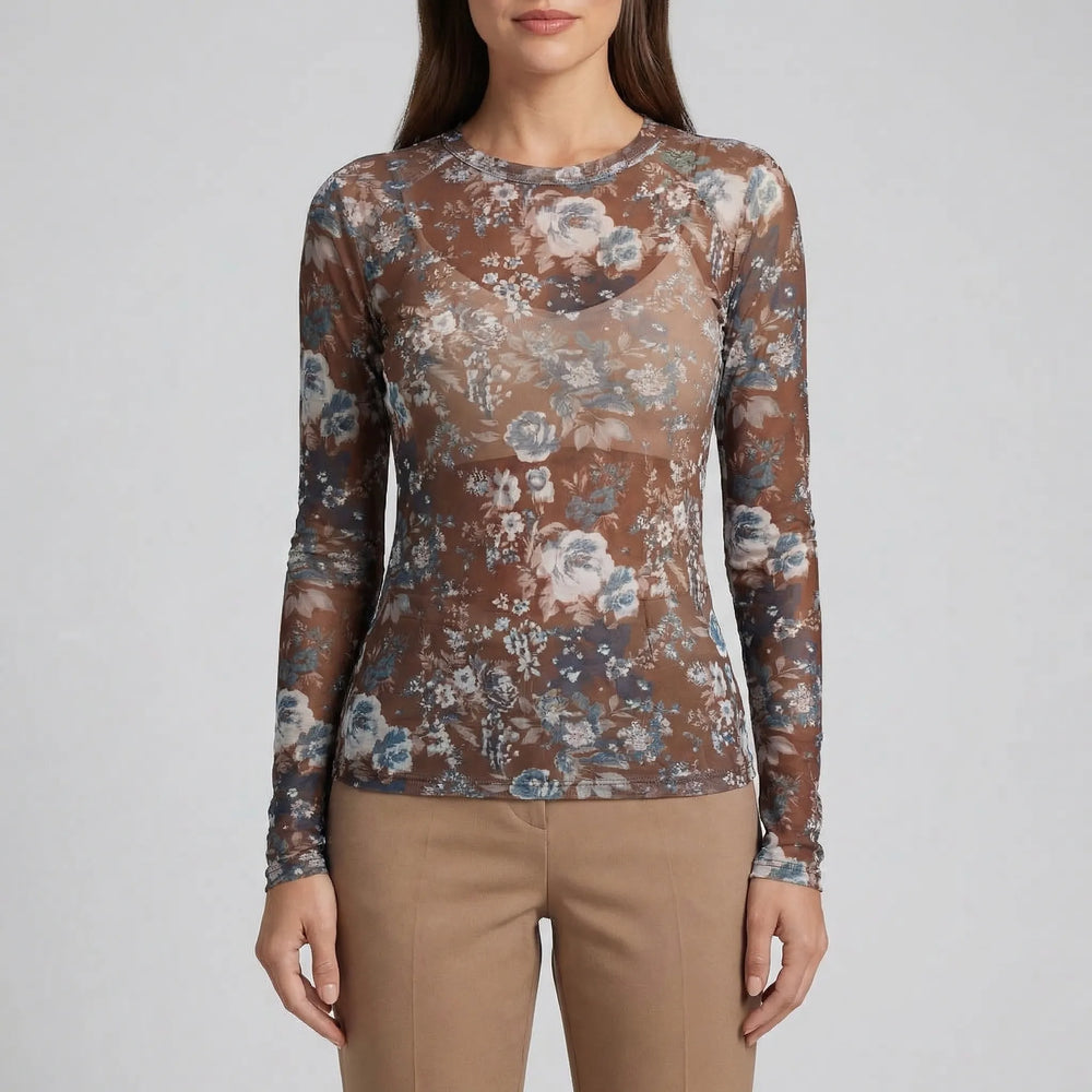 Sherava - Sheer Mesh Long Sleeve Fitted Top
