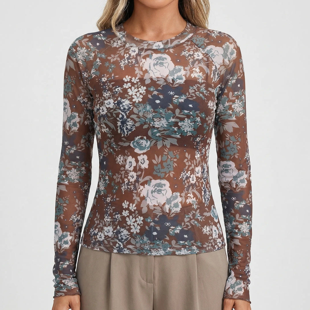 Sherava - Sheer Mesh Long Sleeve Fitted Top