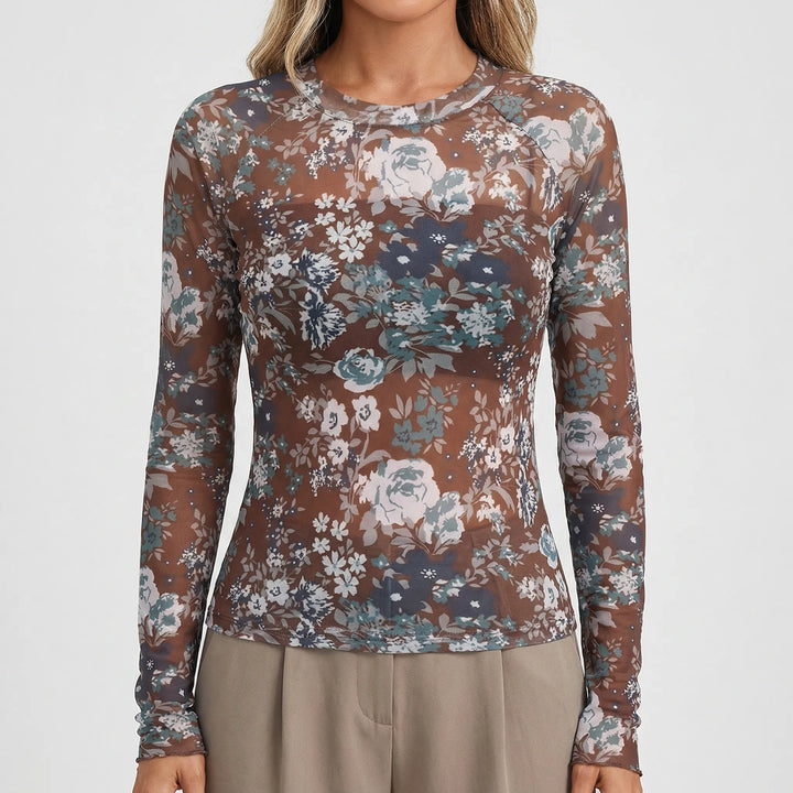 Sherava - Sheer Mesh Long Sleeve Fitted Top