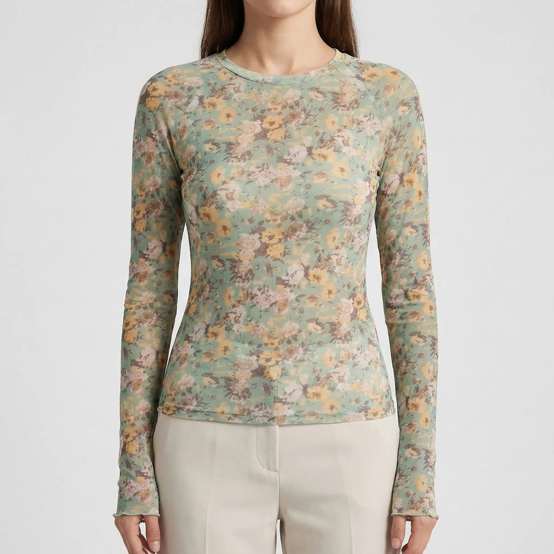 Sherava - Sheer Mesh Long Sleeve Fitted Top