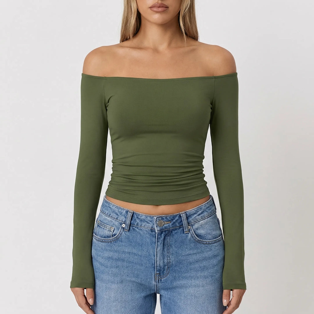 Shoulvera - Off-The-Shoulder Long Sleeve Crop Top