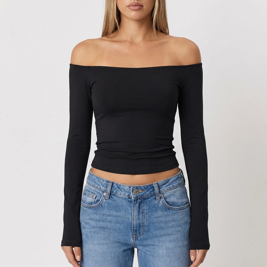 Shoulvera - Off-The-Shoulder Long Sleeve Crop Top