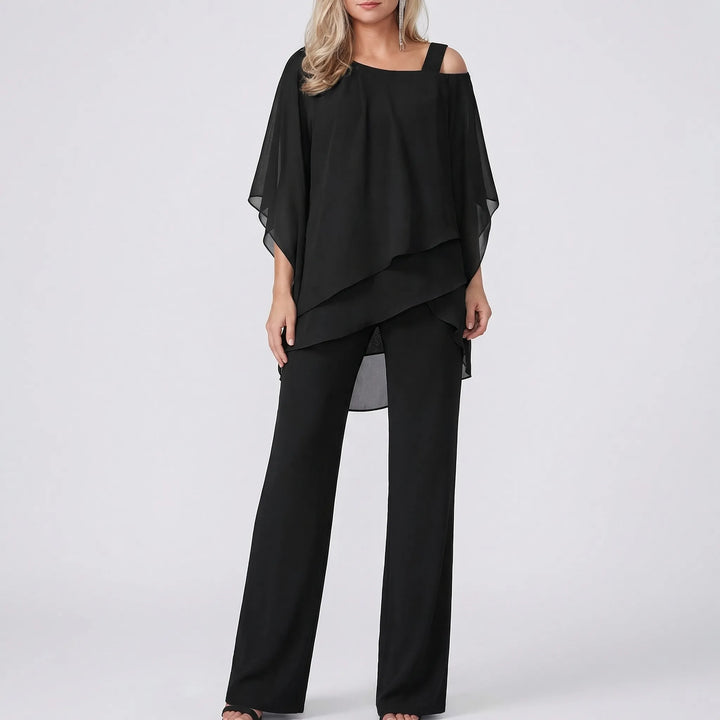 Silhouva - Cold-Shoulder Wide-Leg Formal Jumpsuit