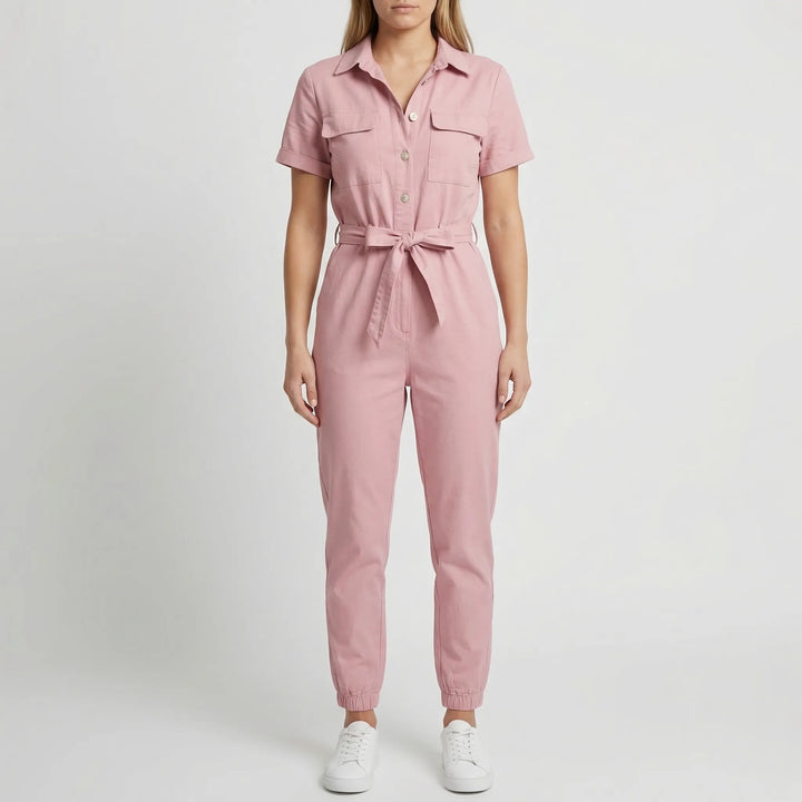 Slymara - Short Sleeve Button-Front Women's Jumpsuit