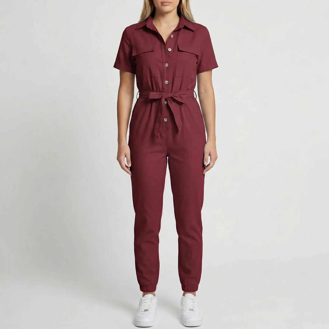 Slymara - Short Sleeve Button-Front Women's Jumpsuit