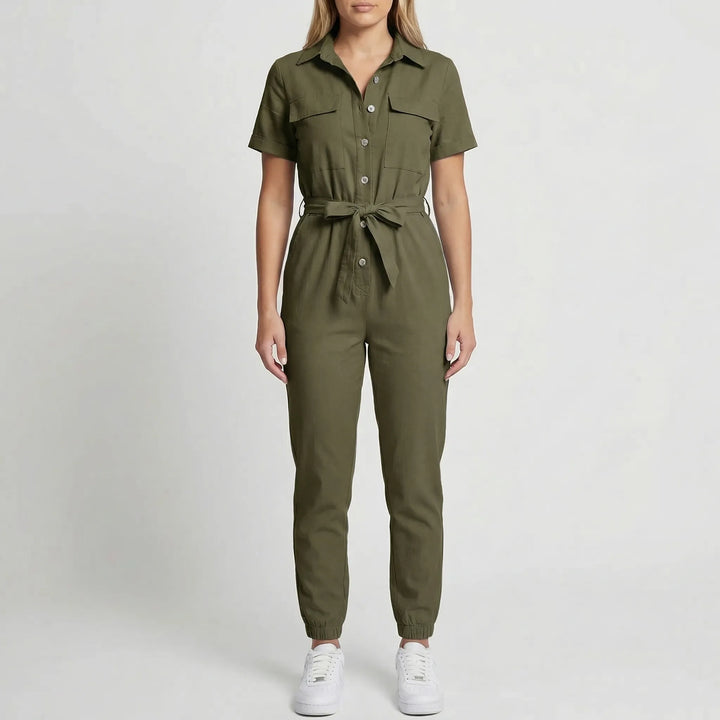 Slymara - Short Sleeve Button-Front Women's Jumpsuit