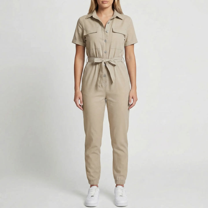 Slymara - Short Sleeve Button-Front Women's Jumpsuit