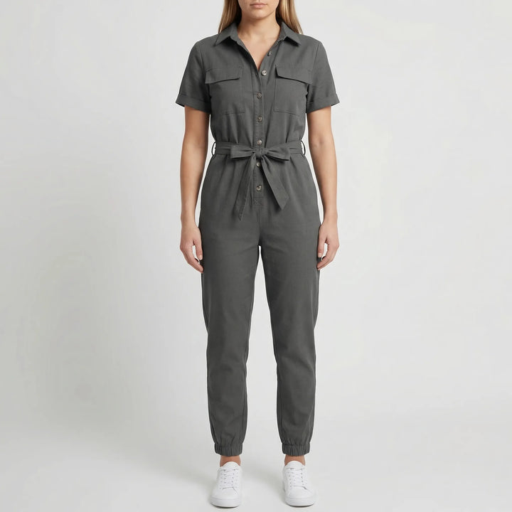 Slymara - Short Sleeve Button-Front Women's Jumpsuit