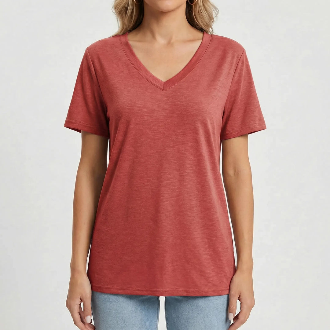 Slyvera - V-Neck Short Sleeve Women's Top