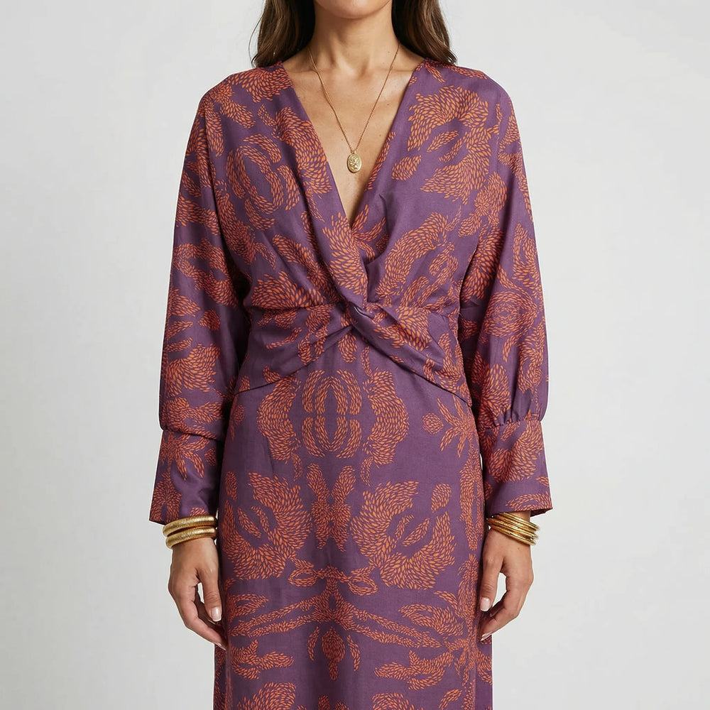 Solenne - Long Sleeve Wrap-Style Midi Dress