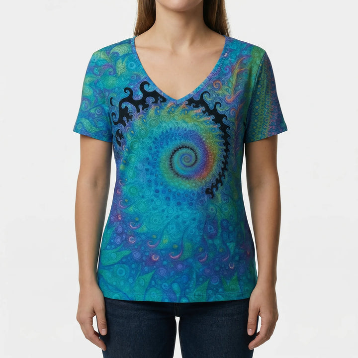 Spiralvibe - Retro Print V-Neck Short Sleeve Tee