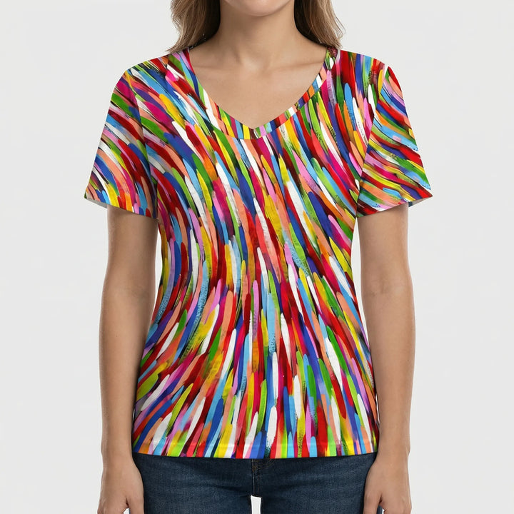 Spiralvibe - Retro Print V-Neck Short Sleeve Tee
