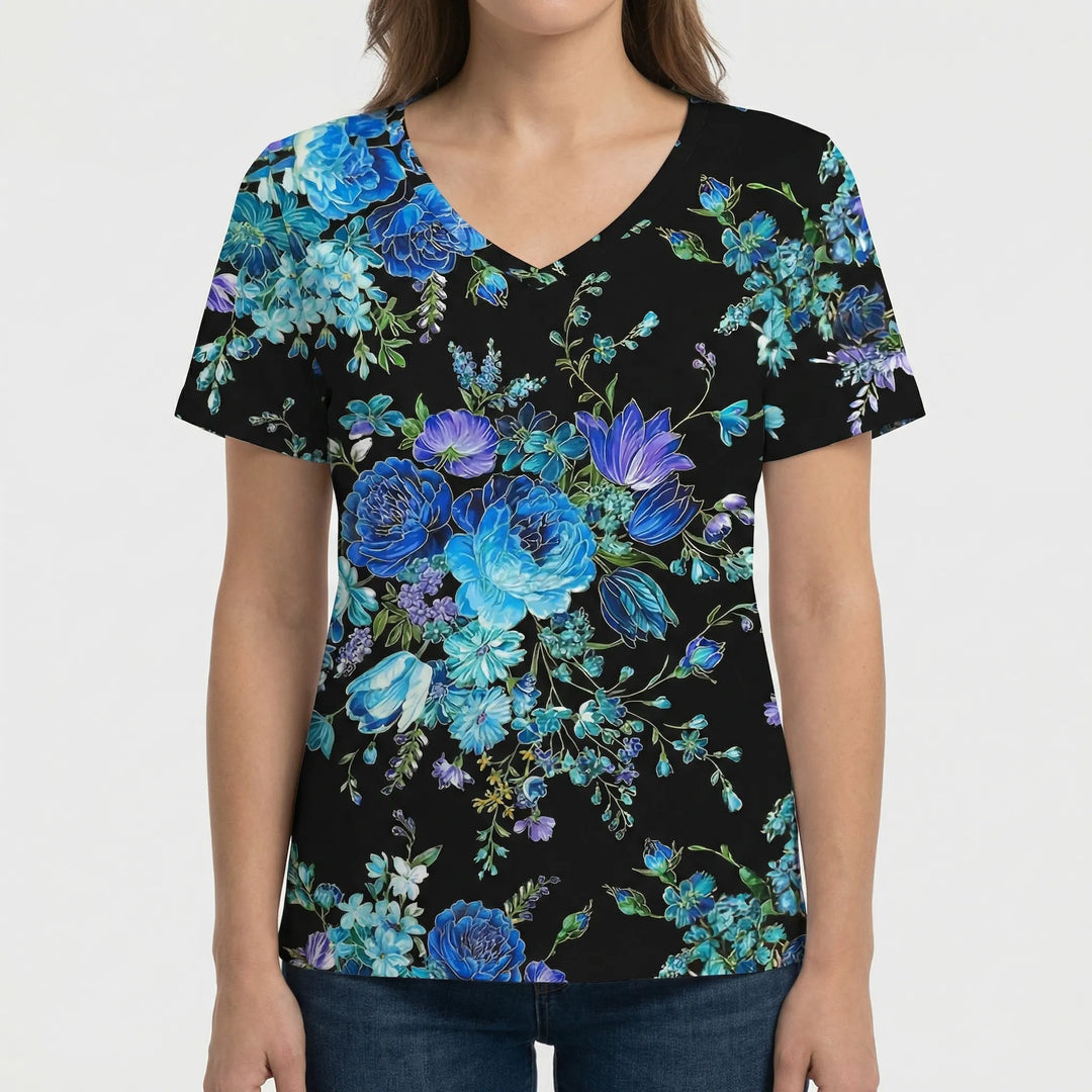 Spiralvibe - Retro Print V-Neck Short Sleeve Tee