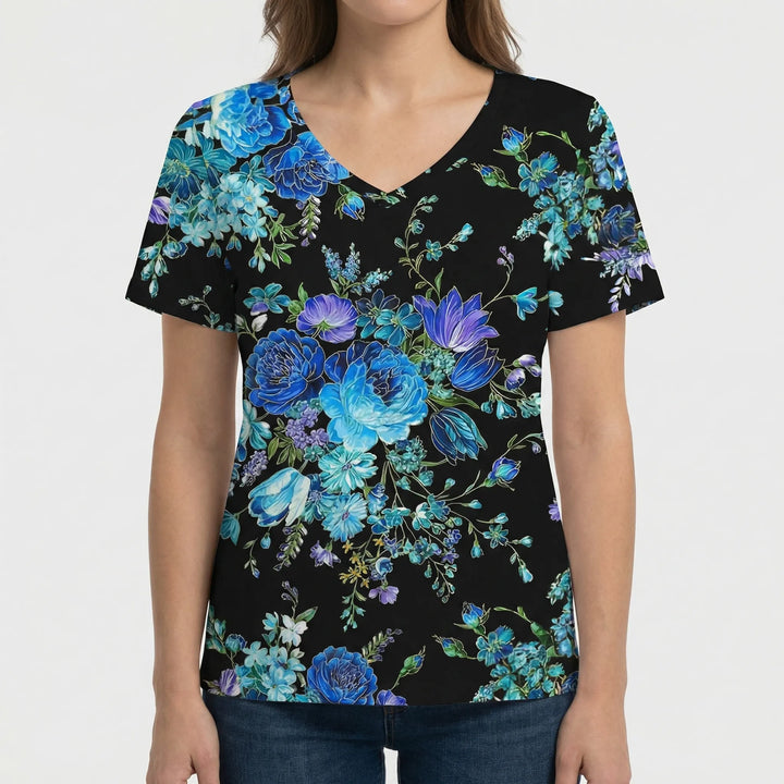Spiralvibe - Retro Print V-Neck Short Sleeve Tee