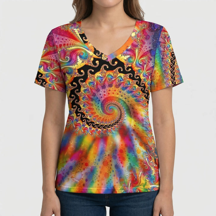 Spiralvibe - Retro Print V-Neck Short Sleeve Tee
