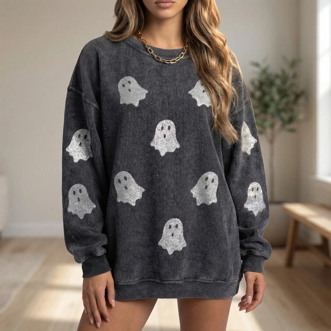 Spooklyn - Oversized Ghost Print Crewneck Sweatshirt