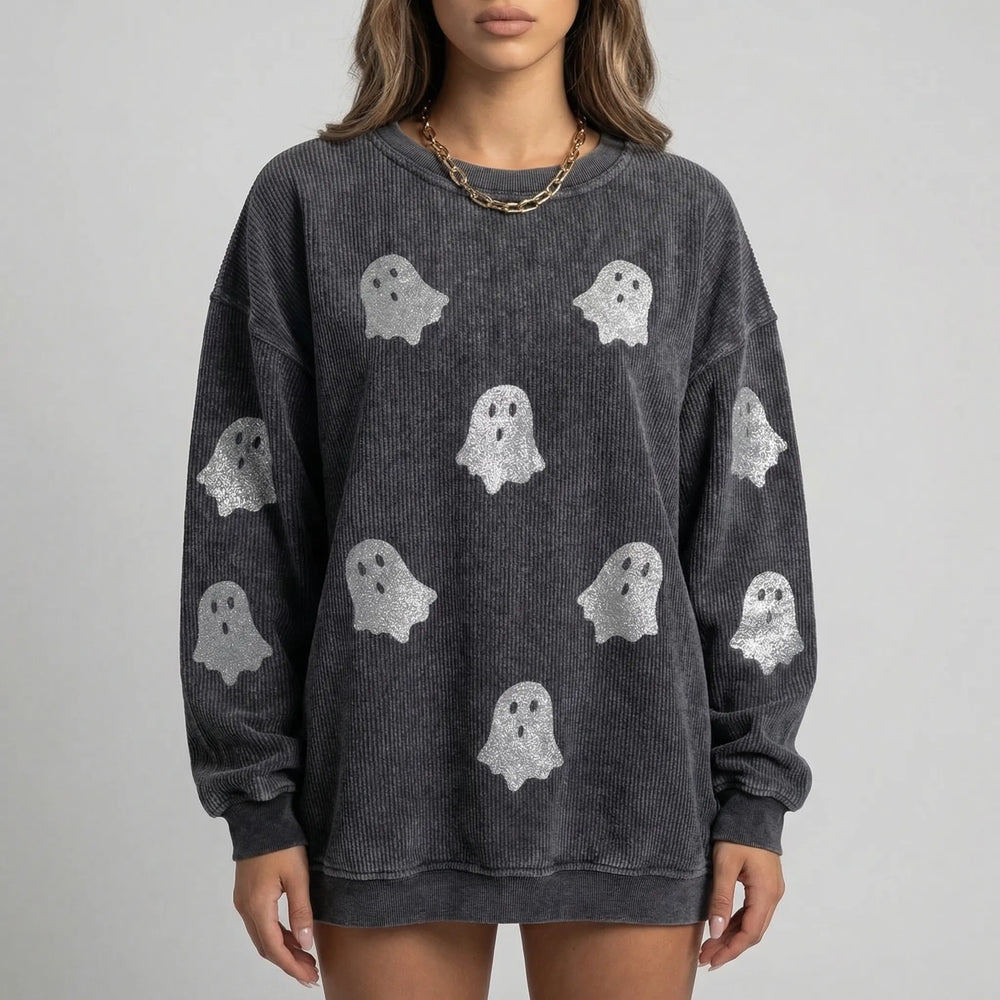 Spooklyn - Oversized Ghost Print Crewneck Sweatshirt