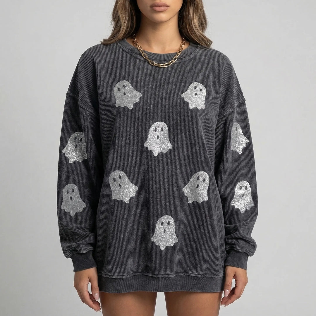 Spooklyn - Oversized Ghost Print Crewneck Sweatshirt