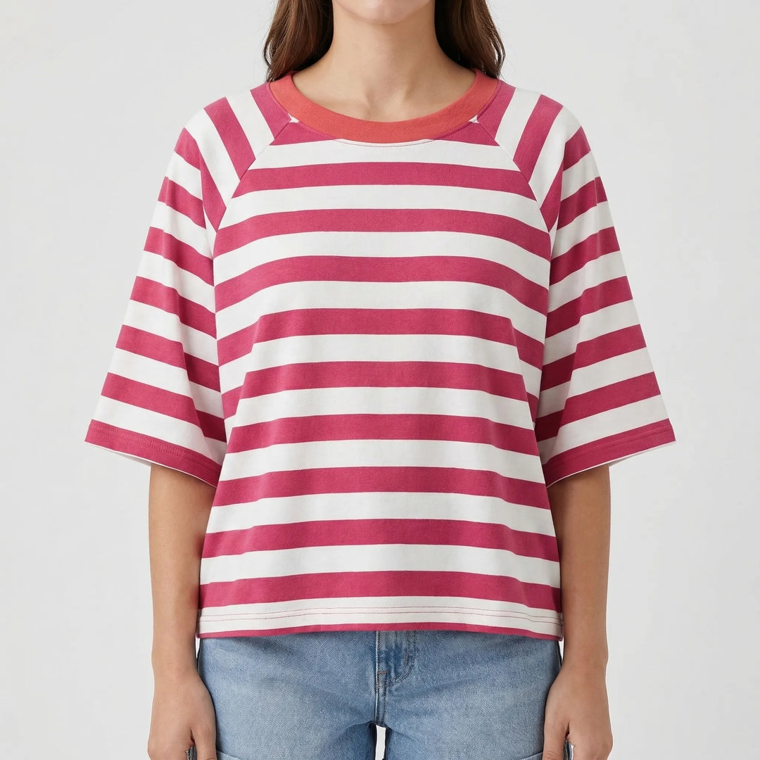 Stripova - Striped Color Block Crewneck Top