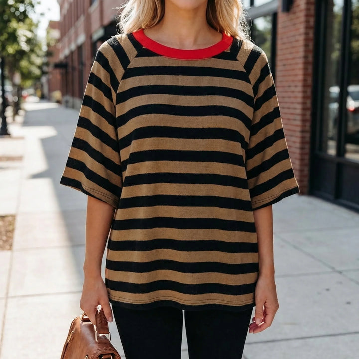 Stripova - Striped Color Block Crewneck Top